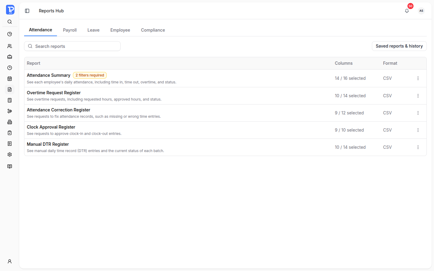 PRIMIS Reports Hub with Attendance selected and five timekeeping report definitions