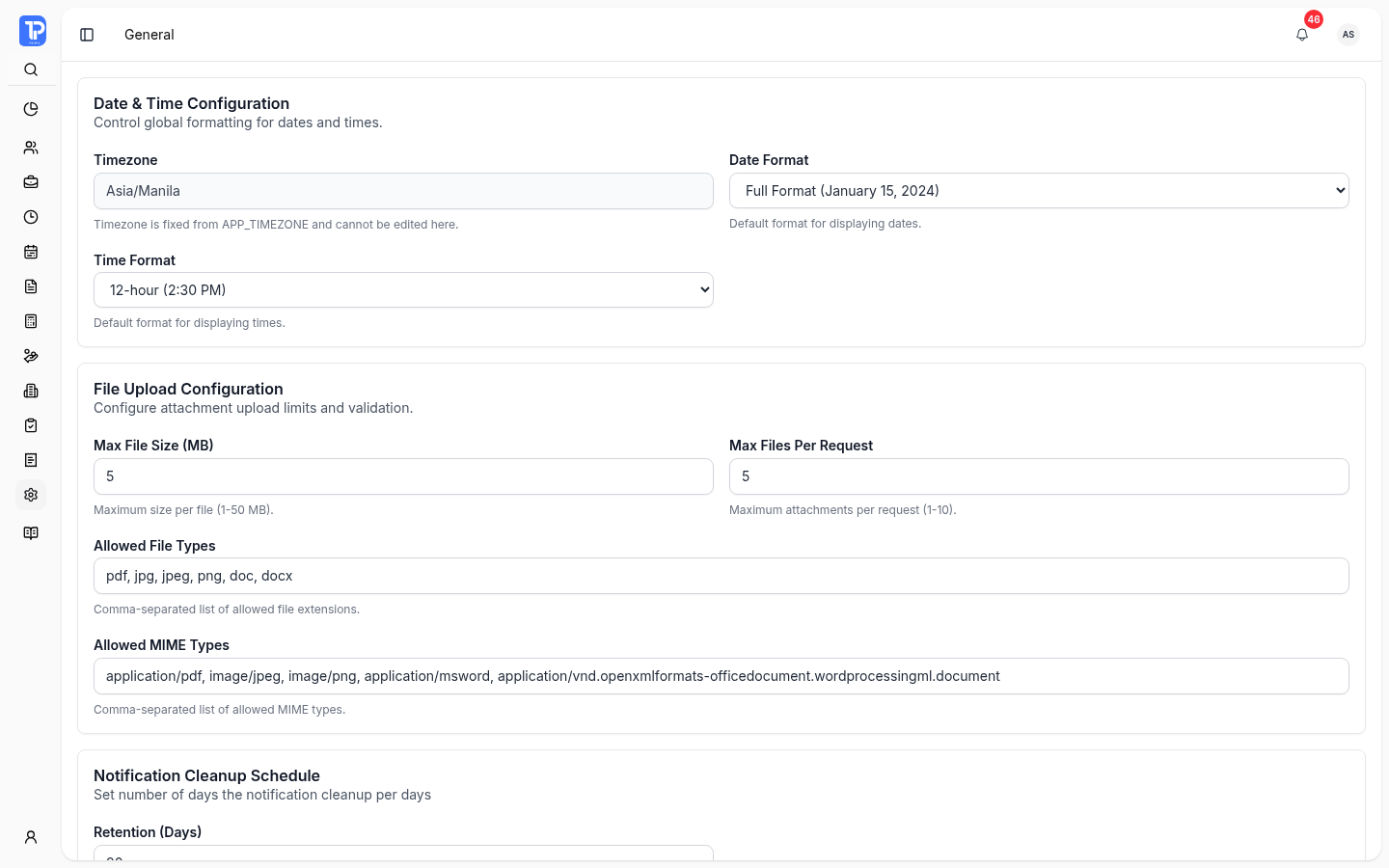 PRIMIS settings workspace showing configurable company and workforce controls
